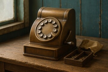 Metallic Dialpad Cash Register on Wooden Counter by Window

