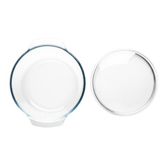 Clear Glass Round Baking Dish with Handles and Matching Glass Lid on Transparent Background