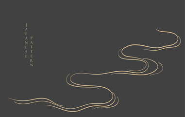 Japanese background with hand drawn wave elements vector. Gold line pattern with ocean object in vintage style. Abstract art curve element.