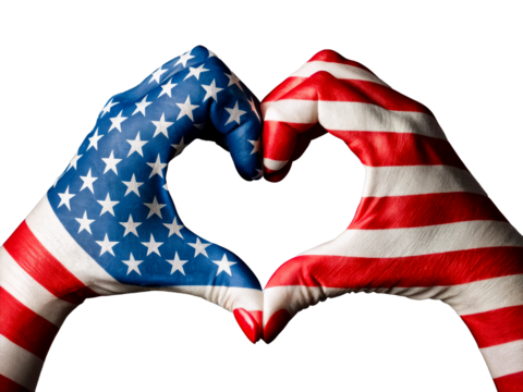 Hands united in heart shape with American flag design