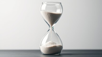 Transparent hourglass with sand on dark surface against neutral background
