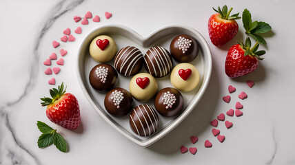 A high-quality food photography shot of chocolate-covered strawberries and truffles arranged on a white marble surface