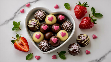 A high-quality food photography shot of chocolate-covered strawberries and truffles arranged on a white marble surface