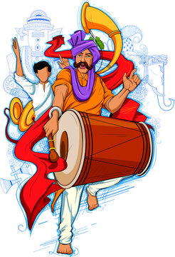 people playing dhol tasha in Lord Ganpati background for Ganesh Chaturthi festival of India