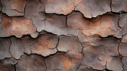 Fototapeta premium Close-up of a textured surface with cracks and crevices. the surface appears to be made up of different shades of brown and orange, with some areas appearing darker and others lighter.