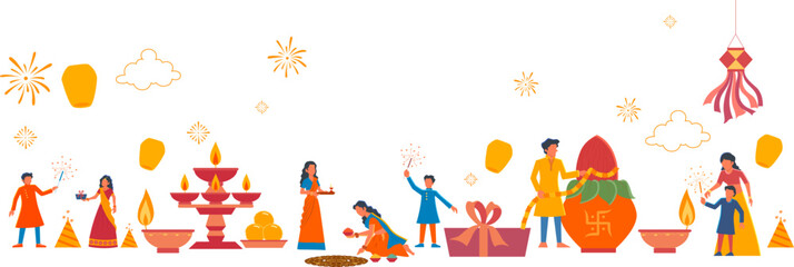 Indian people celebrating on Happy Diwali Hindu Holiday background for light festival of India