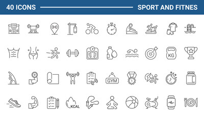 Sport and Fitness set of web icons in line style. Gym and health care. Healthy lifestyle icons. Nutrition and dieting, training, body care, healthy food, workout, muscle, and weight. Editable Stroke