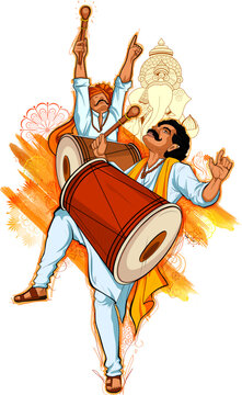 people playing dhol tasha in Lord Ganpati background for Ganesh Chaturthi festival of India
