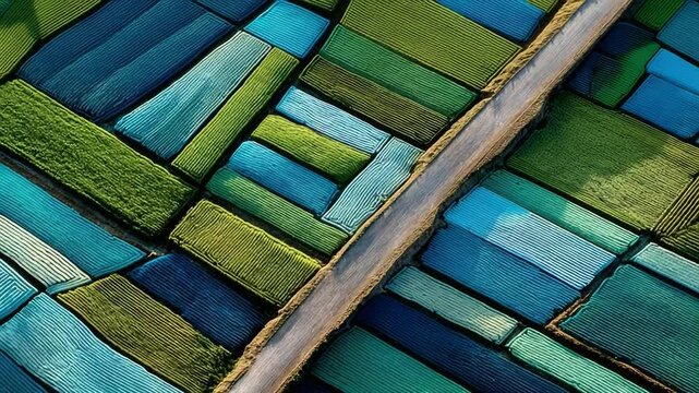 Aerial top-down view of colorful geometric farmland patterns featuring vivid blue panels and green crops, divided by a narrow road, forming a striking abstract landscape composition.