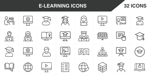 E-learning icons, Education Icon Pack: E-Learning, Classroom & Teacher Line Art, Modern E-Learning Interface Icons, new online education icon