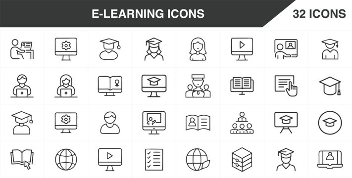E-learning icons, Education Icon Pack: E-Learning, Classroom & Teacher Line Art, Modern E-Learning Interface Icons, new online education icon