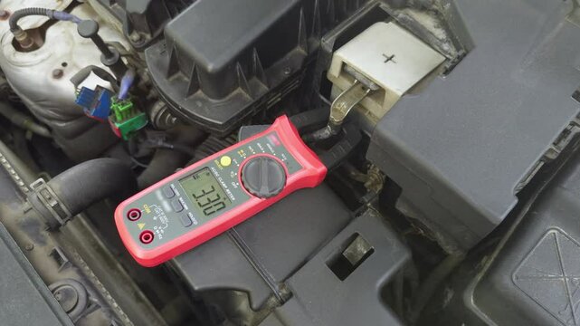 Current measurement in a car using clamp meters in the engine compartment, displaying values on a digital screen