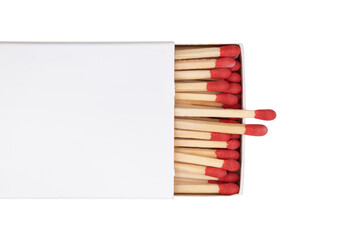 Top view of an open white matchbox detail isolated on a cutout PNG transparent background