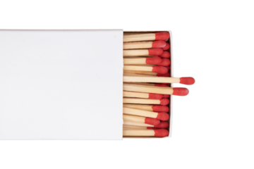 Top view of an open white matchbox detail isolated on a cutout PNG transparent background