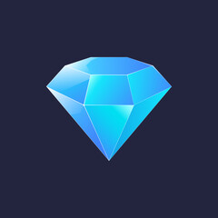 Shiny blue diamond crystal icon illustration on black background, vector design
