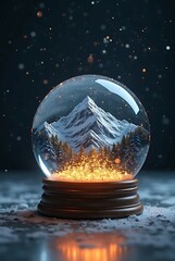 A clear crystal snow globe, filled with liquid and Christmas decorations, glows warmly by candlelight on a cold bar, reflecting a fiery holiday celebration.