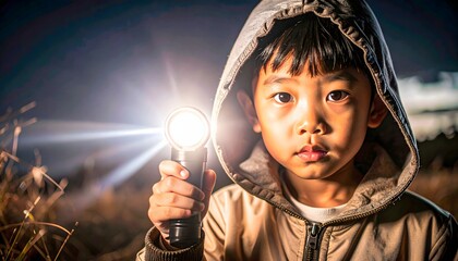 Child Holding Flashlight with Spooky Expression in Dark Surroundings