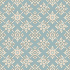 A seamless winter pattern with beige snowflakes on a blue background. Ideal for Christmas, cozy seasonal designs, textiles, wrapping paper, and festive decoration projects