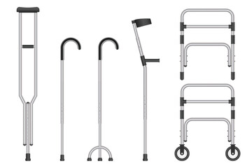 Mobility Aids: A selection of canes, crutches, and walkers to assist with walking and movement, aiding rehabilitation and daily life.
