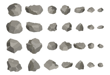 Collection of gray rocks and stones isolated on a white background, with various shapes and sizes, arranged in rows.