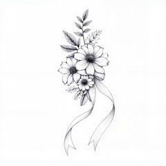 Floral bouquet illustration with ribbon in black and white style  
