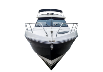 Small motor yacht from front isolated on transparent or white background