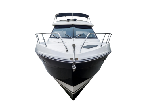 Small motor yacht from front isolated on transparent or white background