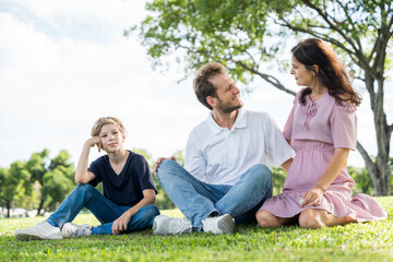 Happy family parent children having picnic outdoor activity. Enjoy happiness moment summer playing...