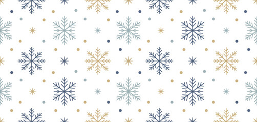 Winter Seamless Pattern with Blue and Gold Snowflakes