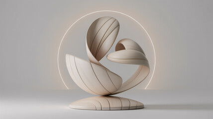 A minimalist abstract sculpture made of smooth, curved white wood with visible wood grain patterns.