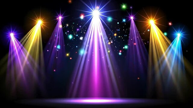 Party spotlight beams moving on black background. Perfect for overlays, concert scenes, nightclub visuals, and dynamic event lighting effects.