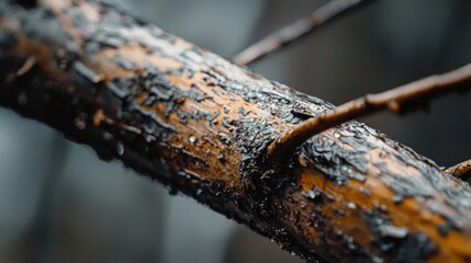Fototapeta premium Close-up of a tree branch. the branch is dark brown in color and appears to be weathered and aged.