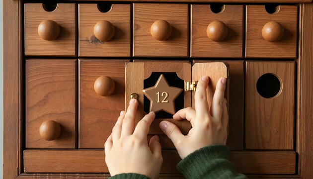 Child opening wooden advent calendar drawer number twelve  