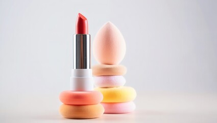 Stunning Lipstick and Beauty Blender on Stacked Sponges Makeup Product Photography