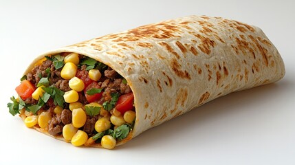 Classic burritos filled with meat, corn, and fresh vegetables, isolated on white background for a wholesome meal.