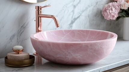 Blush Pink Marble Pedestal Basin with Rose Gold Fixtures in Elegant Bathroom. Perfect for interior design, luxury lifestyle, and home decor themes.