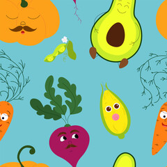 Cartoon Vegetable Characters Seamless Pattern
