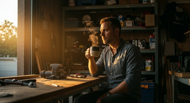 Man seated at workbench, holding coffee in garage, with tools and shelving in background, warm lighting.