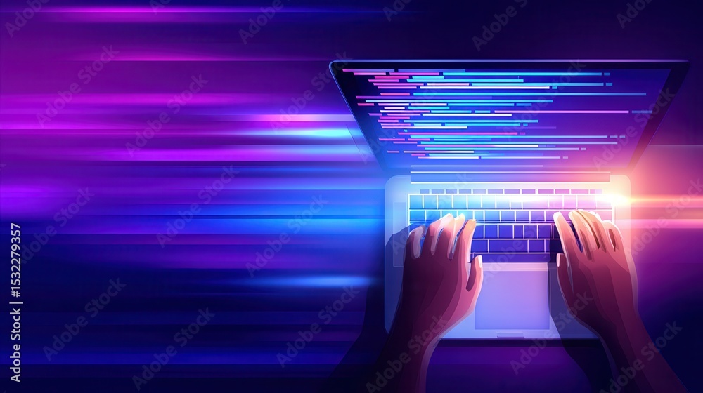 Poster hands typing on a laptop with colorful light effects, showcasing coding in a dynamic digital environ