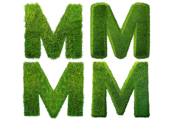 Set Grass font 3d rendering letter M isolated on a transparent or white background