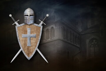 helmet wooden shield decorated with a cross and two swords