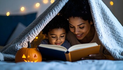 Cozy Reading Time with Child Under Blanket Fort for Halloween Night