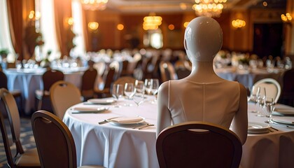 Faceless Figure Sitting at Empty Table Waiting for Guests in Venue