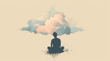 Silhouette of person meditating under surreal cloud with rain in dreamlike landscape background