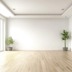 Fototapeta premium Minimalist room interior; light wood floors, white walls, recessed lighting, potted plants flank a large blank wall, and a bright window is visible