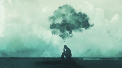 Silhouette of person meditating under surreal cloud with rain in dreamlike landscape background