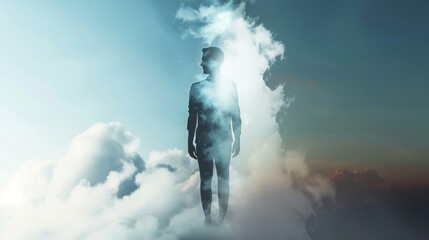 Double exposure silhouette of person merged with dramatic cloudy sky representing dreams and spiritual connection