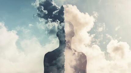 Double exposure silhouette of person merged with dramatic cloudy sky representing dreams and spiritual connection
