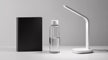 A minimalist product photography setup on a white surface against a light gray background