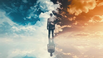 Double exposure silhouette of person merged with dramatic cloudy sky representing dreams and spiritual connection